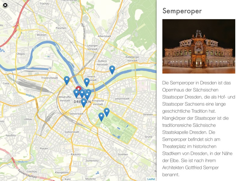 Verkehrskarte Dresden im Split-View mit Text über die Semperoper